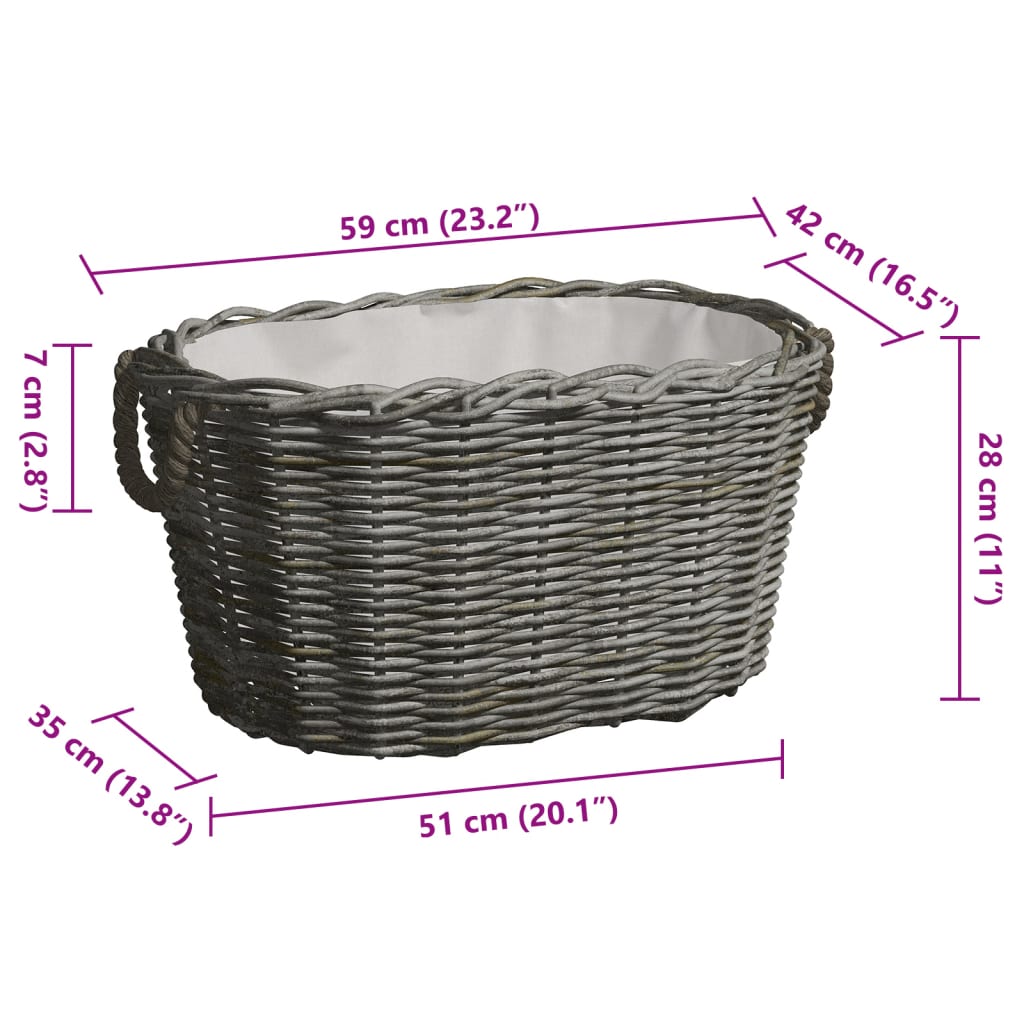 Gray woven willow firewood basket with handles, measuring 23.6 x 15.7 x 11 inches.