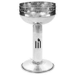 Stainless steel pedestal charcoal BBQ grill with wire grid and height-adjustable stand.