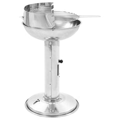 Stainless steel pedestal charcoal BBQ grill with adjustable height and windshield.