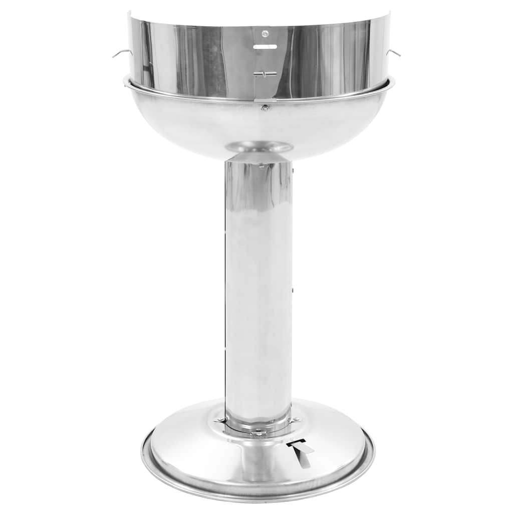 Stainless steel pedestal charcoal BBQ grill with a round basin and base.