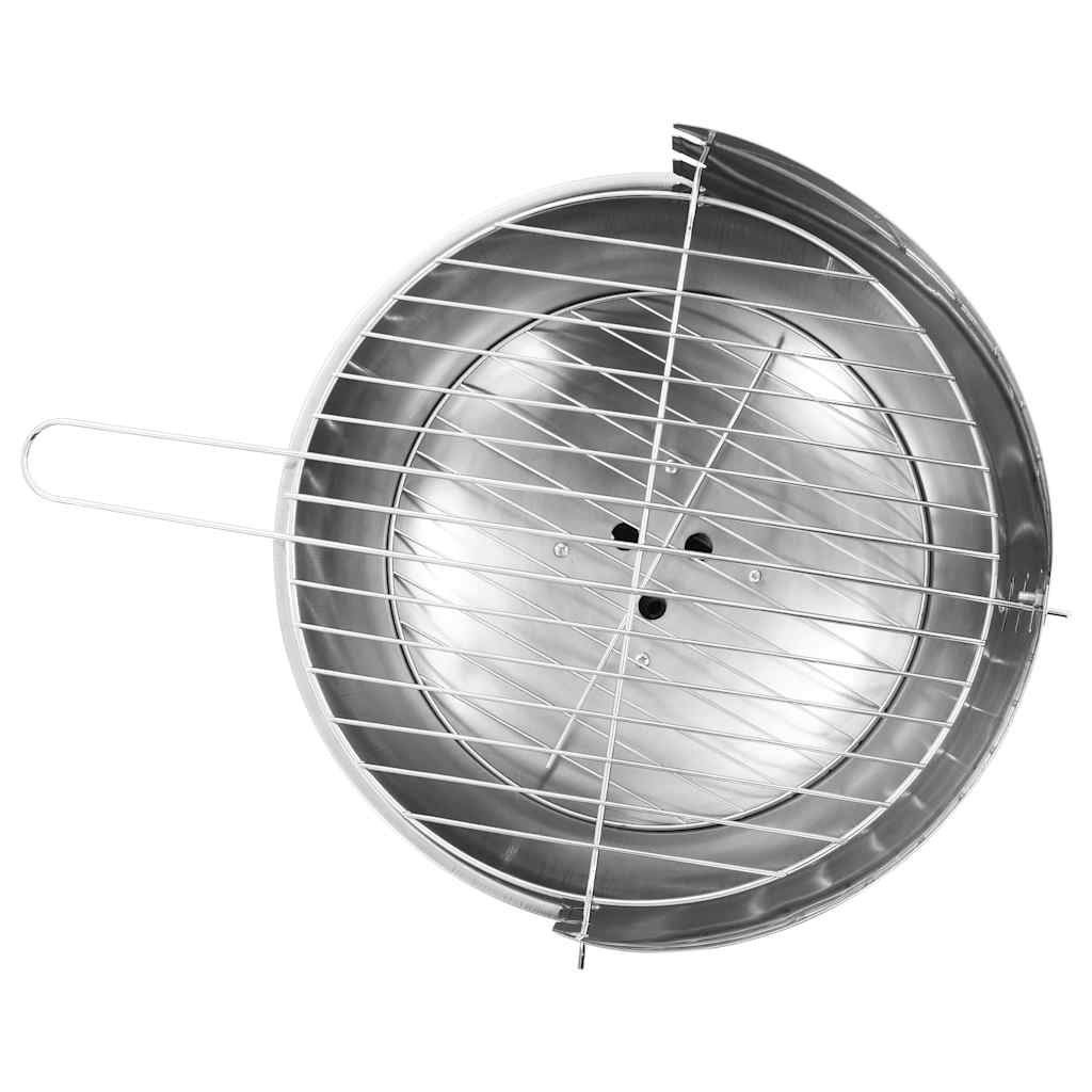 Stainless steel pedestal charcoal BBQ grill with handle and adjustable grid.