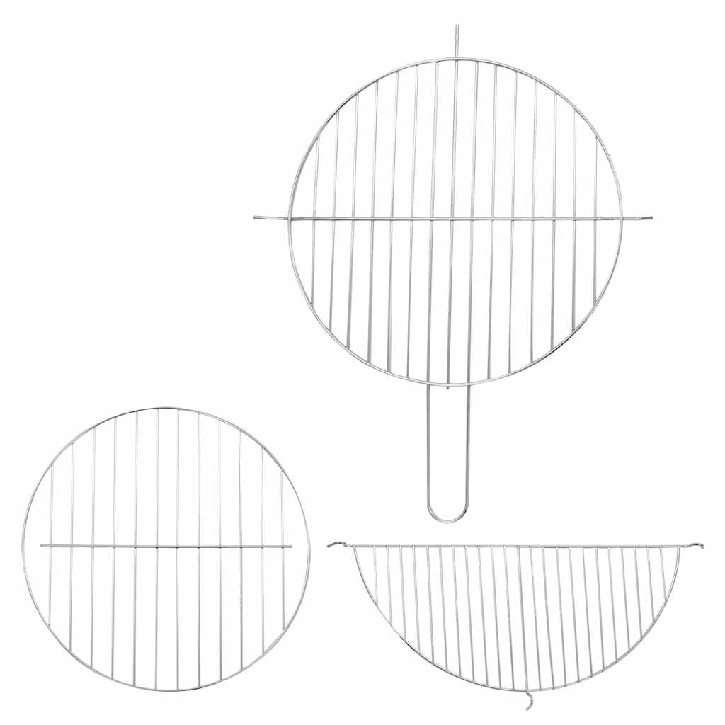 Stainless steel pedestal charcoal BBQ grill with circular grate, handled basket, and semi-circular strainer.