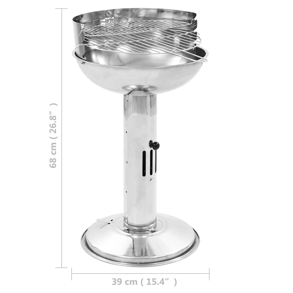 Stainless steel pedestal charcoal BBQ grill with adjustable height and cooking grid.