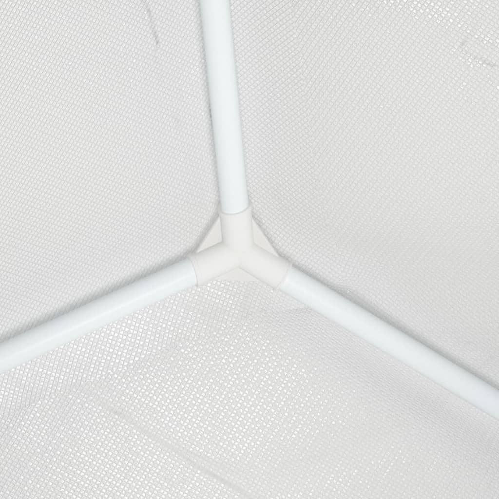 White party tent corner with UV water-resistant fabric and sturdy metal frame.