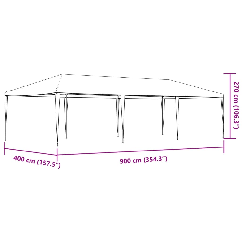 White party tent measuring 13.1 by 29.5 feet with dimensions shown.