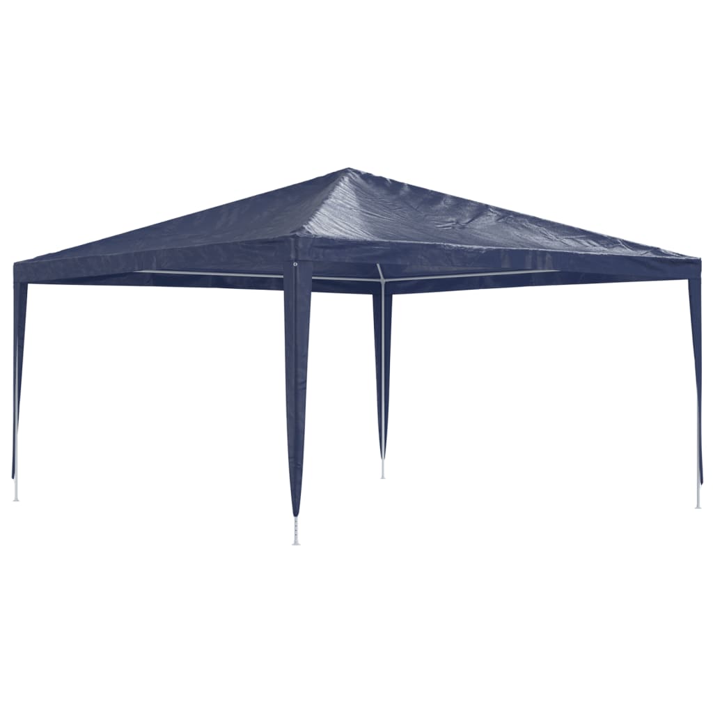 A blue 13.1x13.1 ft square party tent with peaked UV water-resistant canopy and metal frame.