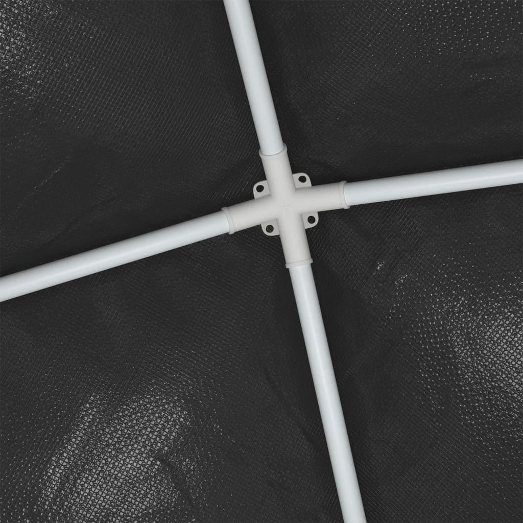 A close-up shows the white frame and black canopy of the party tent.