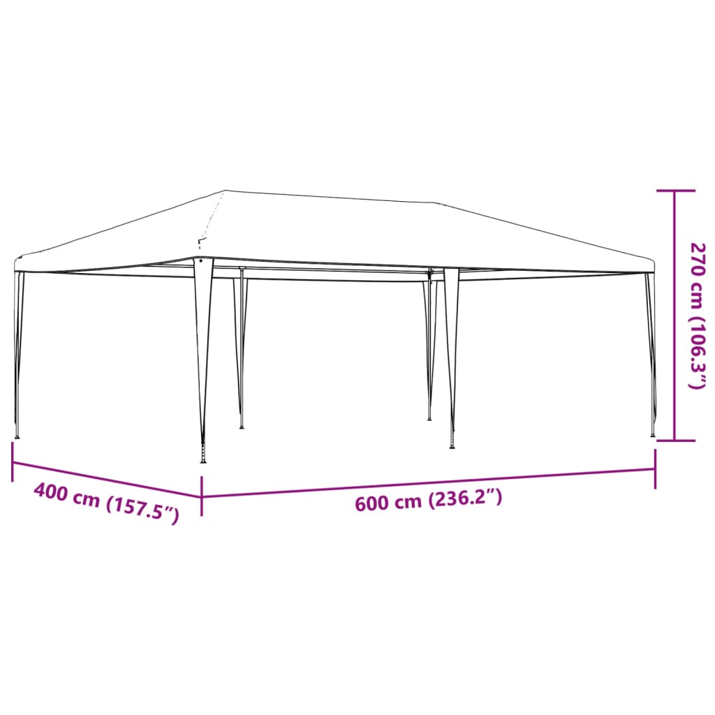 Diagram of a 13.1'x19.7' anthracite party tent with UV and water-resistant canopy, showing dimensions 400 cm by 600 cm.