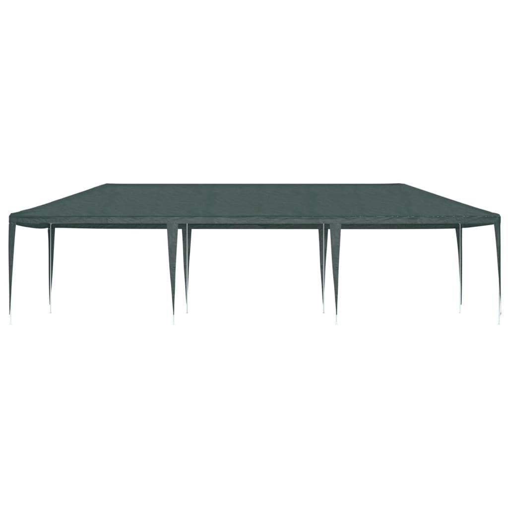 A green rectangular party tent measuring 13.1 by 29.5 feet with a steel frame.
