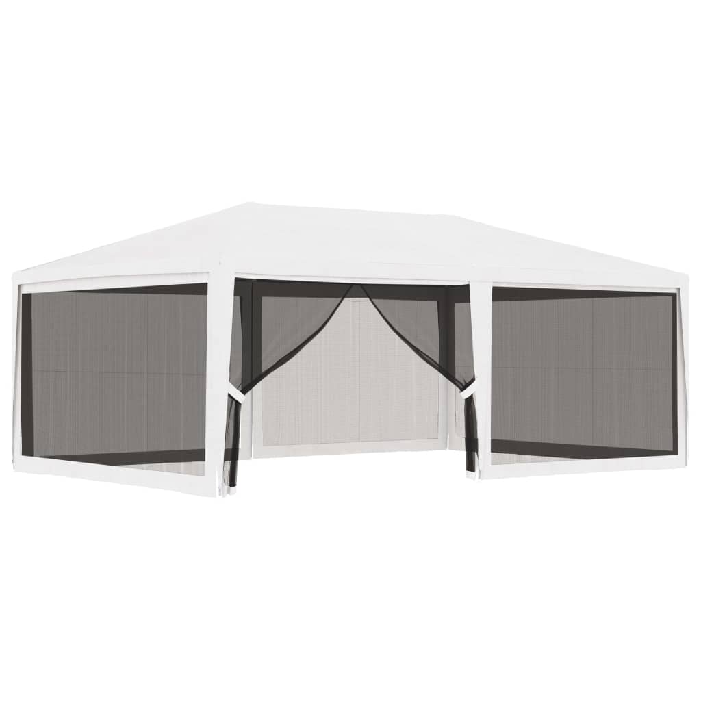 White 13.1'x19.7' party tent with peaked roof and four mesh sidewalls.