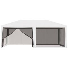 White 13.1'x19.7' party tent with four mesh sidewalls and zippered entrances.