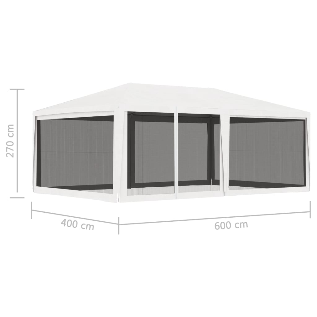 White 13.1'x19.7' party tent with 4 mesh sidewalls and dimensions shown.