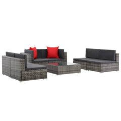 Sofa Set Grey rattan, Dark grey cushion, Red pillow
