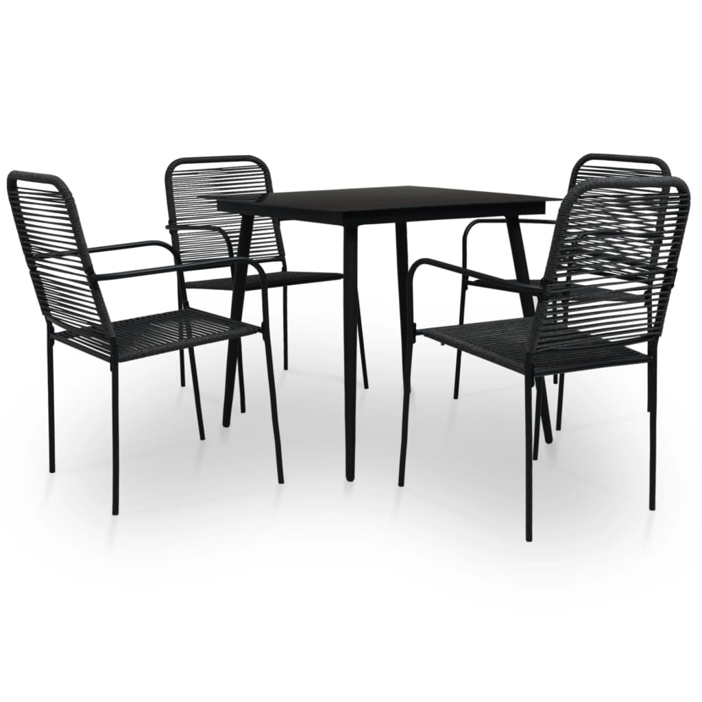 Dining Set Black Cotton Rope, Powder-Coated Steel, Tempered Glass