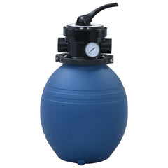Blue 11.8-inch pool sand filter with 4-position valve and pressure gauge.