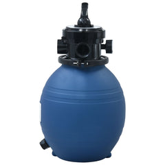 Blue 11.8-inch pool sand filter with black 4-position multiport valve on top.