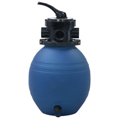 Blue 11.8-inch pool sand filter with black 4-position valve and ports on a PE tank.