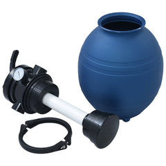 Blue 11.8-inch pool sand filter with 4-position valve, pressure gauge, and hose adapters.