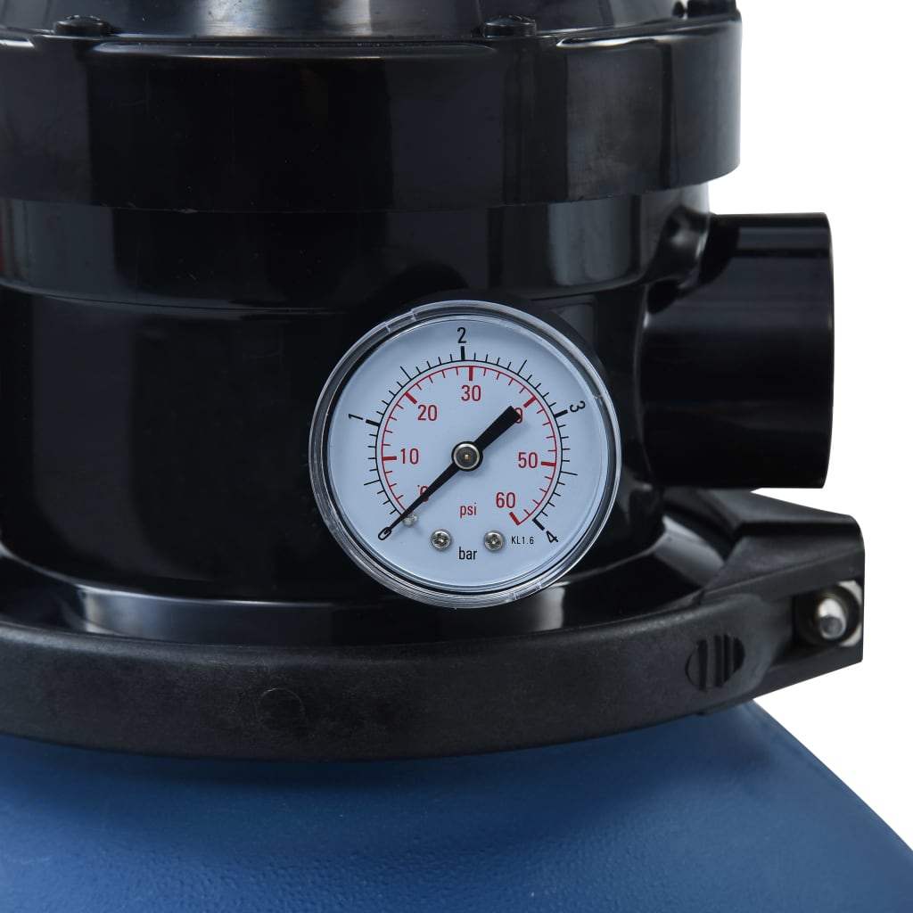 Blue 11.8-inch pool sand filter with pressure gauge and 4-position valve.