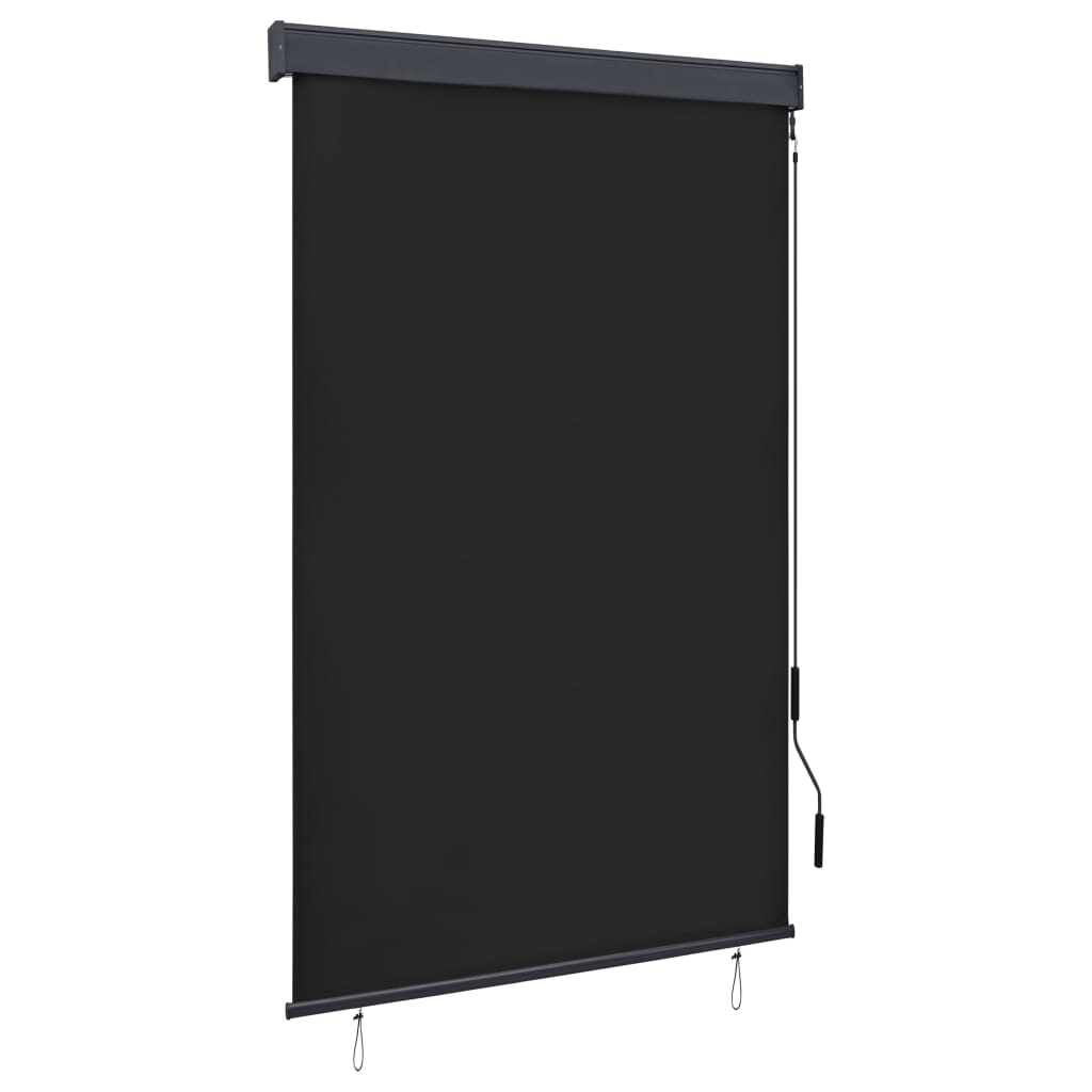 Anthracite outdoor roller blind with hand operation, blocking UV rays and allowing airflow.