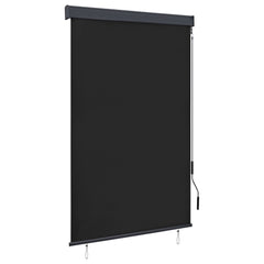 Anthracite outdoor roller blind with hand operation, blocking UV rays and allowing airflow.
