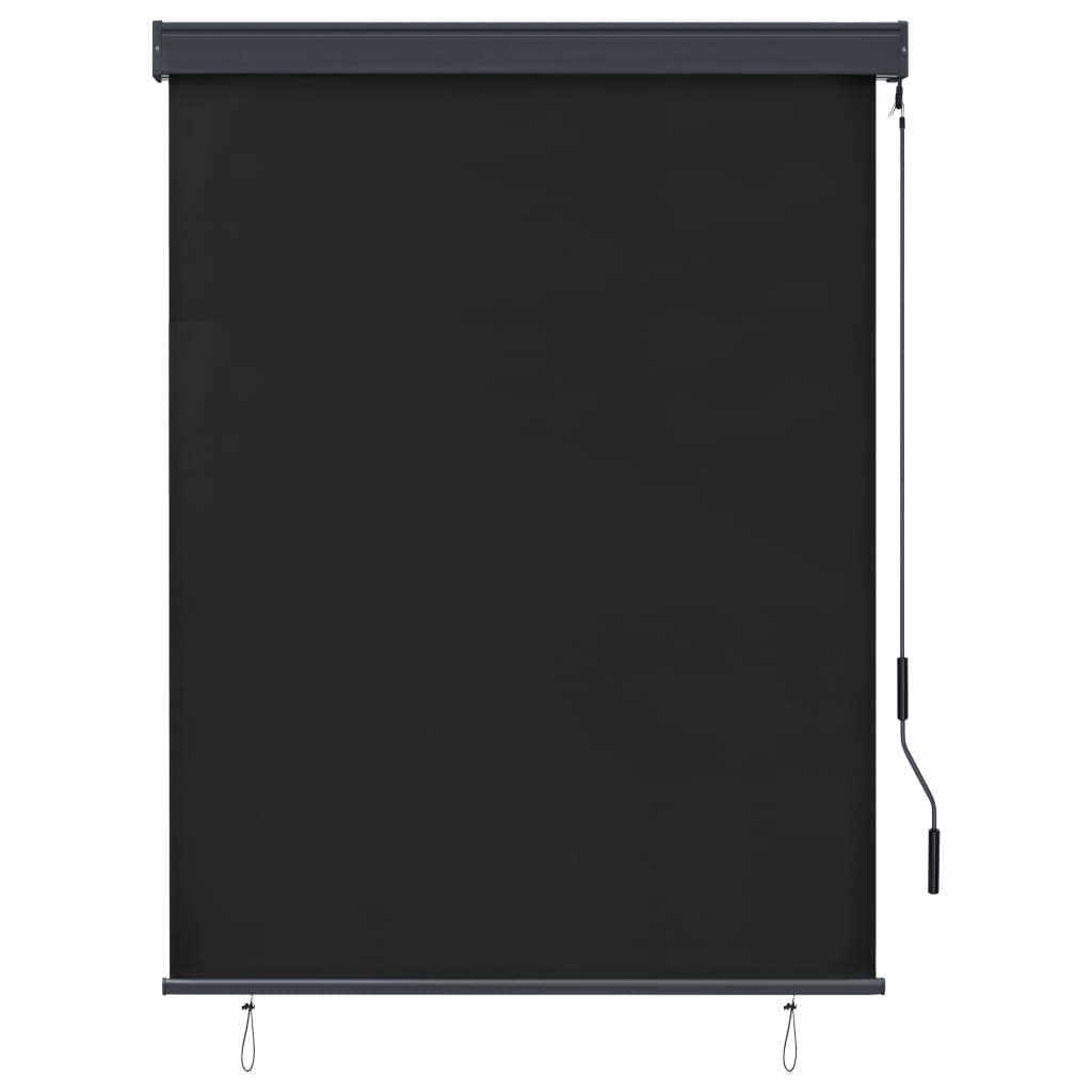 Anthracite outdoor roller blind with hand operation, blocking UV rays and allowing airflow.