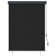 Anthracite outdoor roller blind with hand operation, blocking UV rays and allowing airflow.