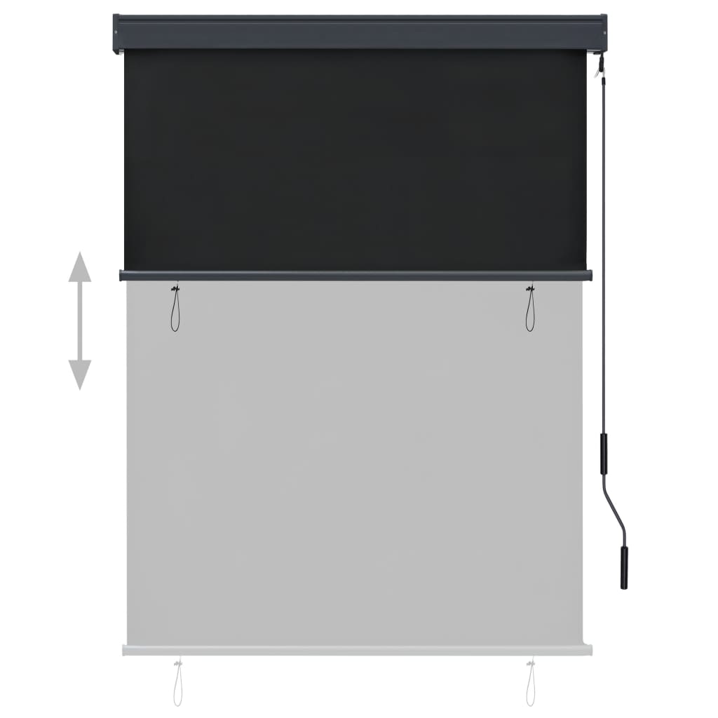 Anthracite outdoor roller blind with hand operation, blocking UV rays and allowing airflow.