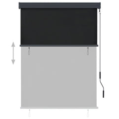 Anthracite outdoor roller blind with hand operation, blocking UV rays and allowing airflow.