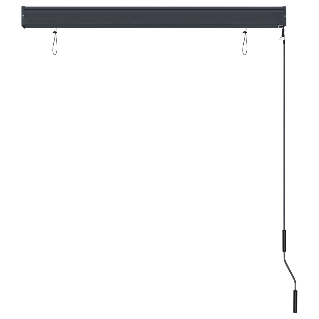 Anthracite outdoor roller blind with hand operation, blocking UV rays and allowing airflow.