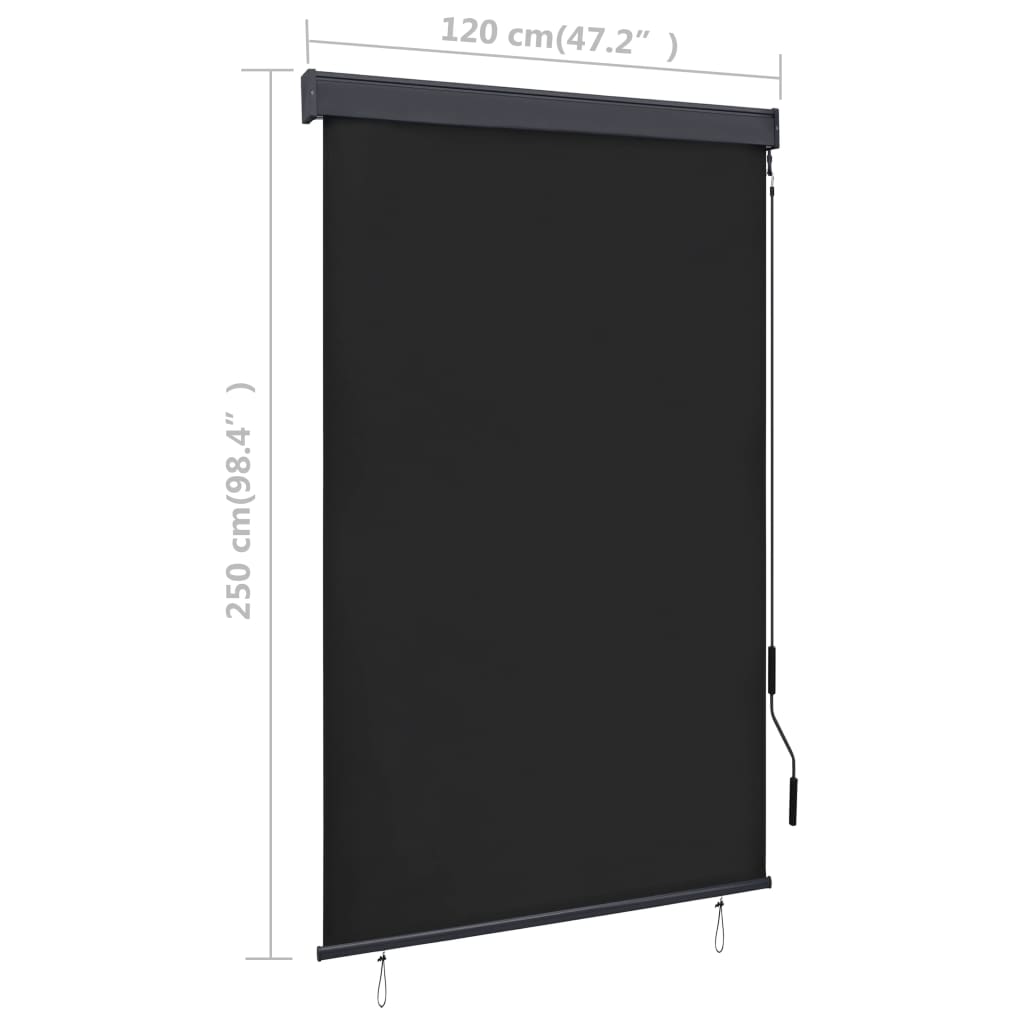 Anthracite outdoor roller blind with hand operation, blocking UV rays and allowing airflow.