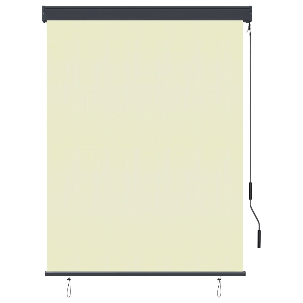 Cream outdoor roller blind with hand crank, breathable fabric, and aluminum frame, 47.2x98.4 inch.