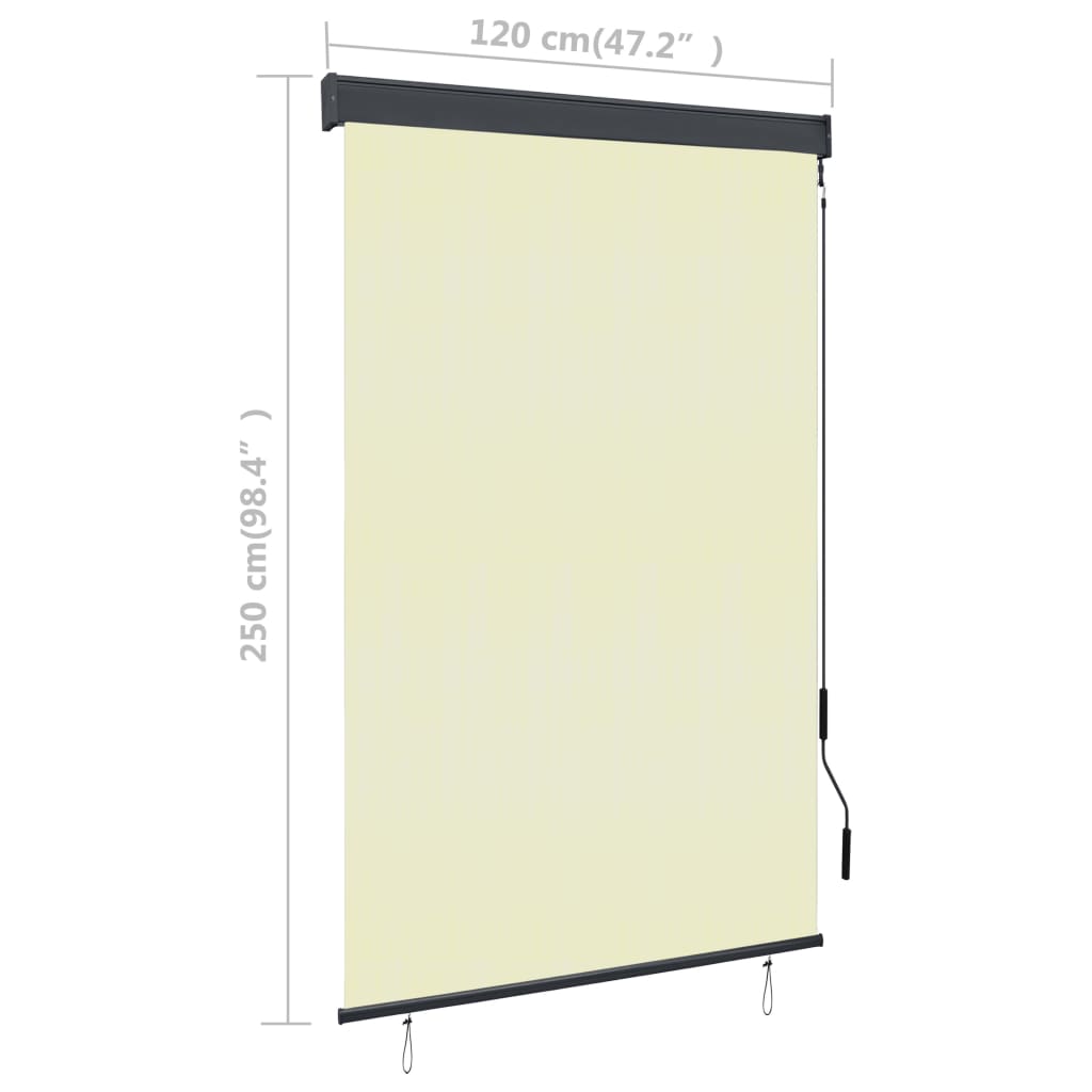 Cream outdoor roller blind with hand crank, 47.2 by 98.4 inches, breathable fabric, and aluminum bar.