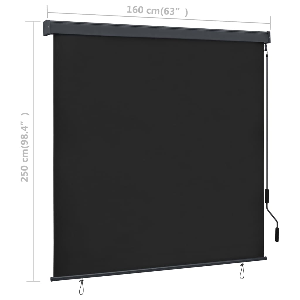 Anthracite outdoor roller blind, 63x98 inches, with crank and dimensions shown.