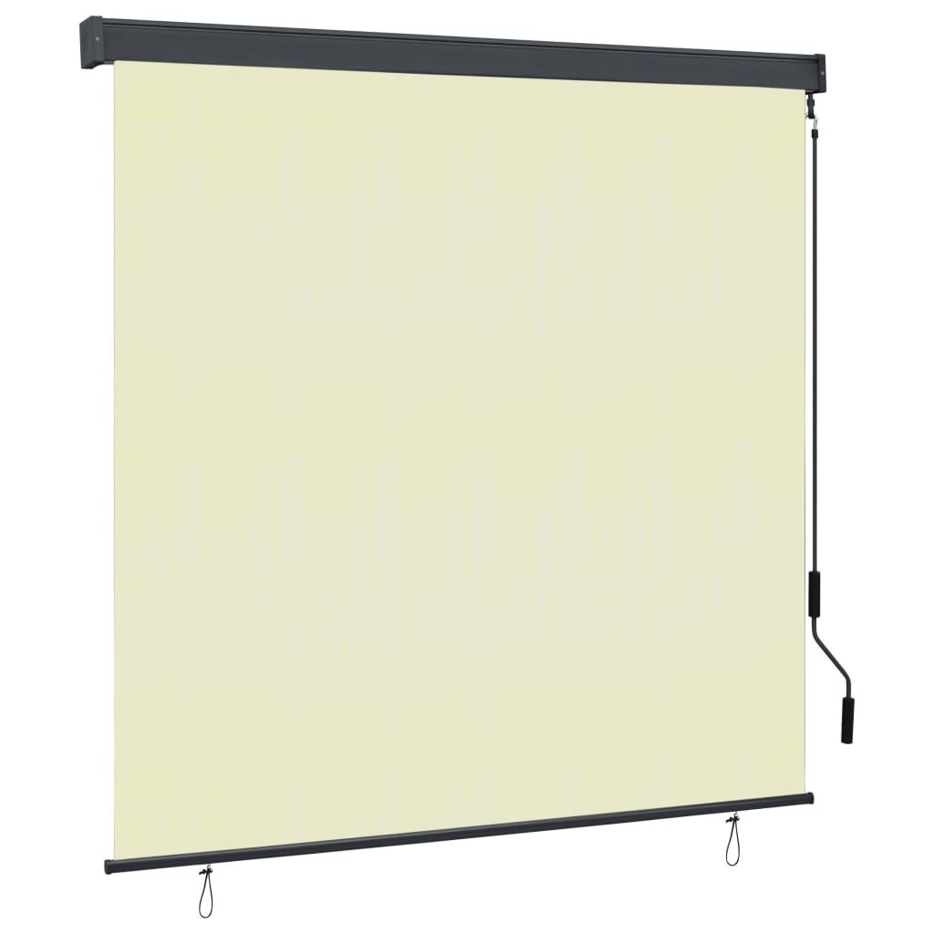 Cream polyester outdoor roller blind with hand crank and aluminum bar, size 63x98 inches.