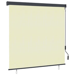 Cream polyester outdoor roller blind with hand crank and aluminum bar, size 63x98 inches.
