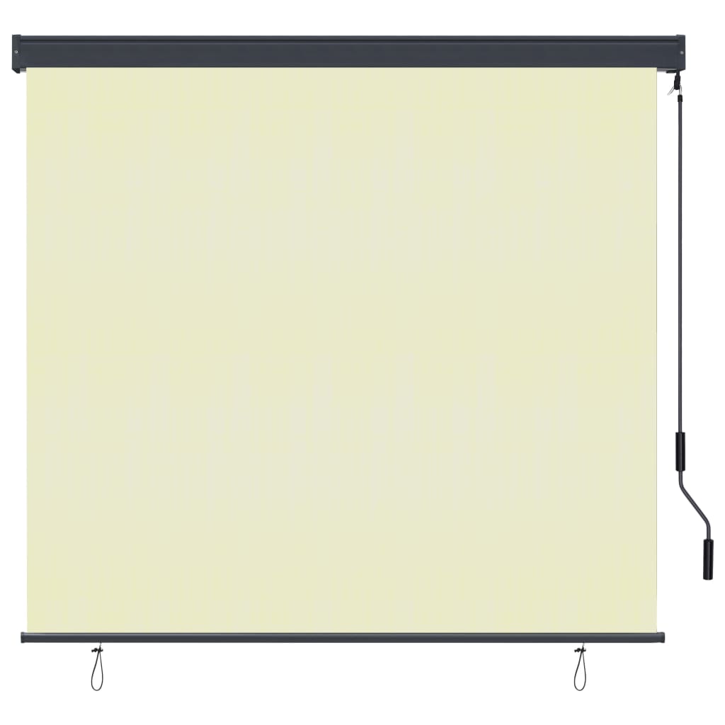 Cream polyester outdoor roller blind, 63x98 inches, with hand crank.