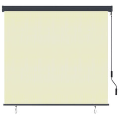 Cream polyester outdoor roller blind, 63x98 inches, with hand crank.