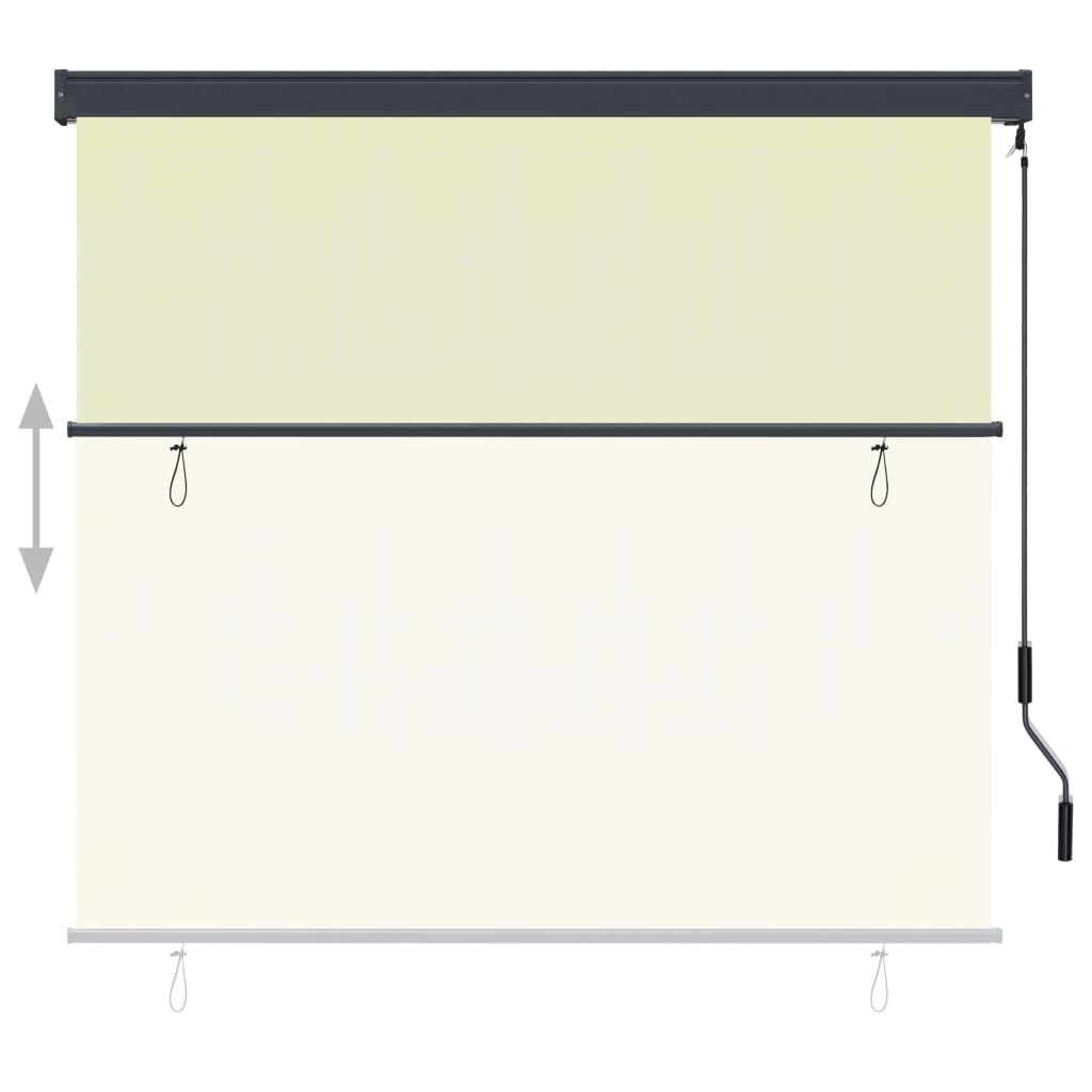 Cream polyester outdoor roller blind, 63x98 inches, with crank and mounting brackets.