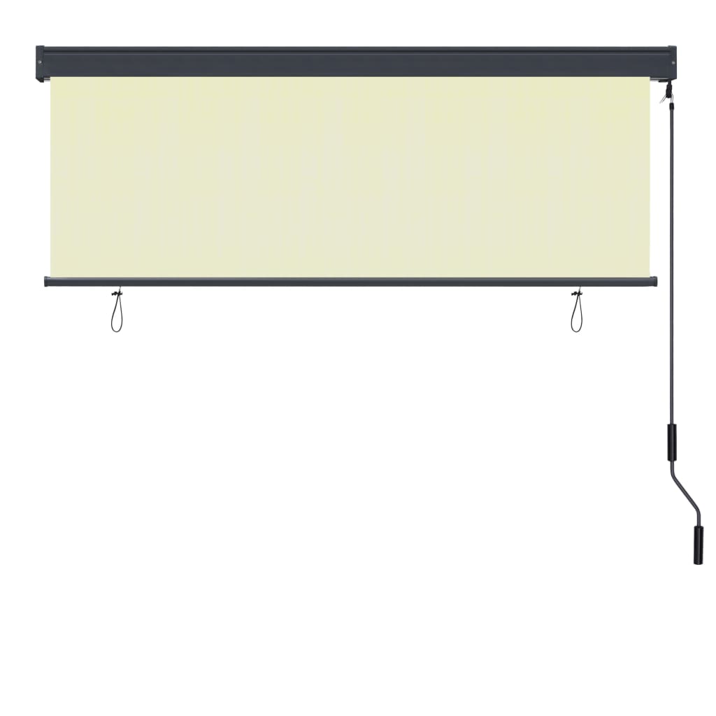 Cream polyester outdoor roller blind with hand crank and aluminum bar, size 63x98.4 inches.
