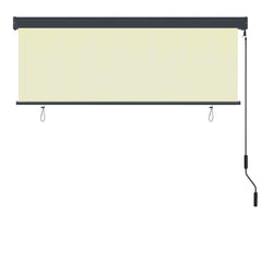 Cream polyester outdoor roller blind with hand crank and aluminum bar, size 63x98.4 inches.