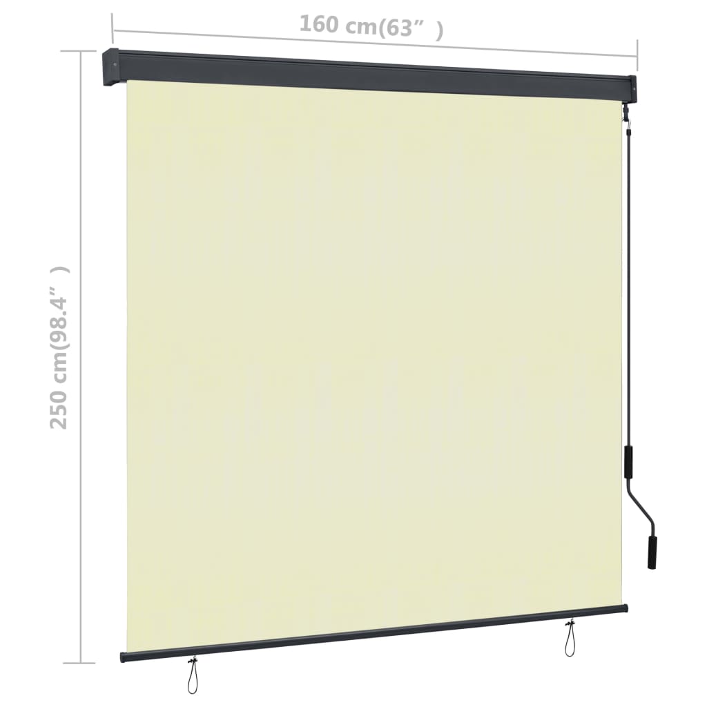 Cream polyester outdoor roller blind, 63x98.4 inches, with crank and measurements.