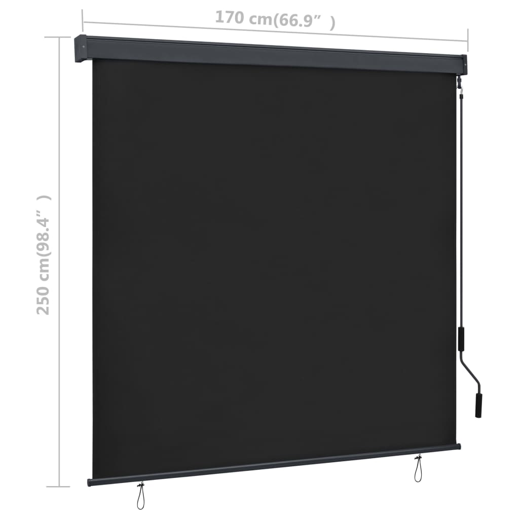 Anthracite outdoor roller blind with hand crank, measuring 66.9x98.4 inches.