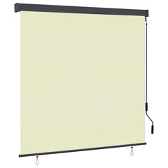 Cream outdoor roller blind with hand crank and aluminum bar, sized 66.9 by 98.4 inches.