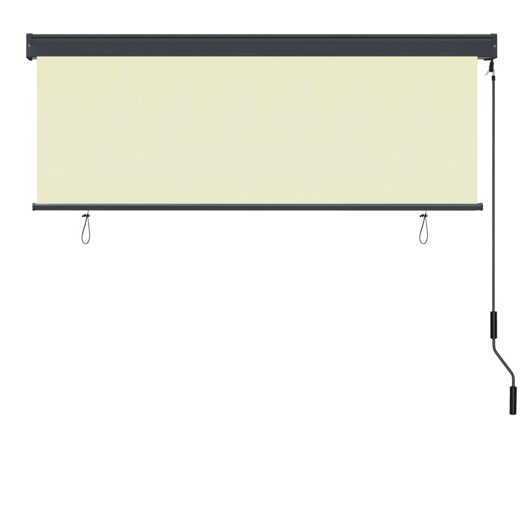 Cream outdoor roller blind with hand crank, aluminum bar, and breathable fabric, 66.9x98.4 inches.