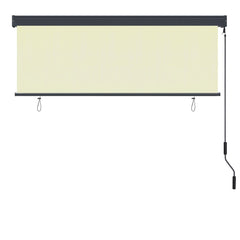 Cream outdoor roller blind with hand crank, aluminum bar, and breathable fabric, 66.9x98.4 inches.