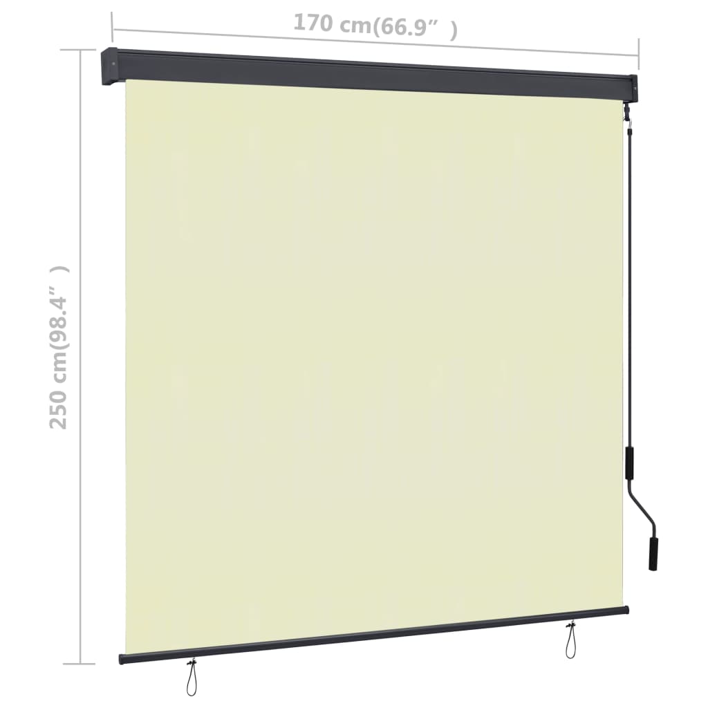 Cream outdoor roller blind, 66.9 by 98.4 inches, with crank and dimensions shown.