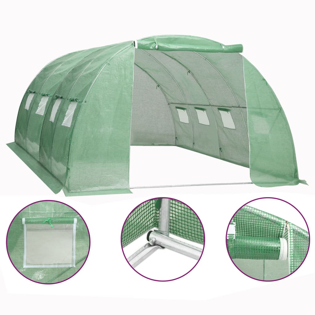 Green PE mesh greenhouse measuring 13.1x13.1x6.6 feet with side windows and door.