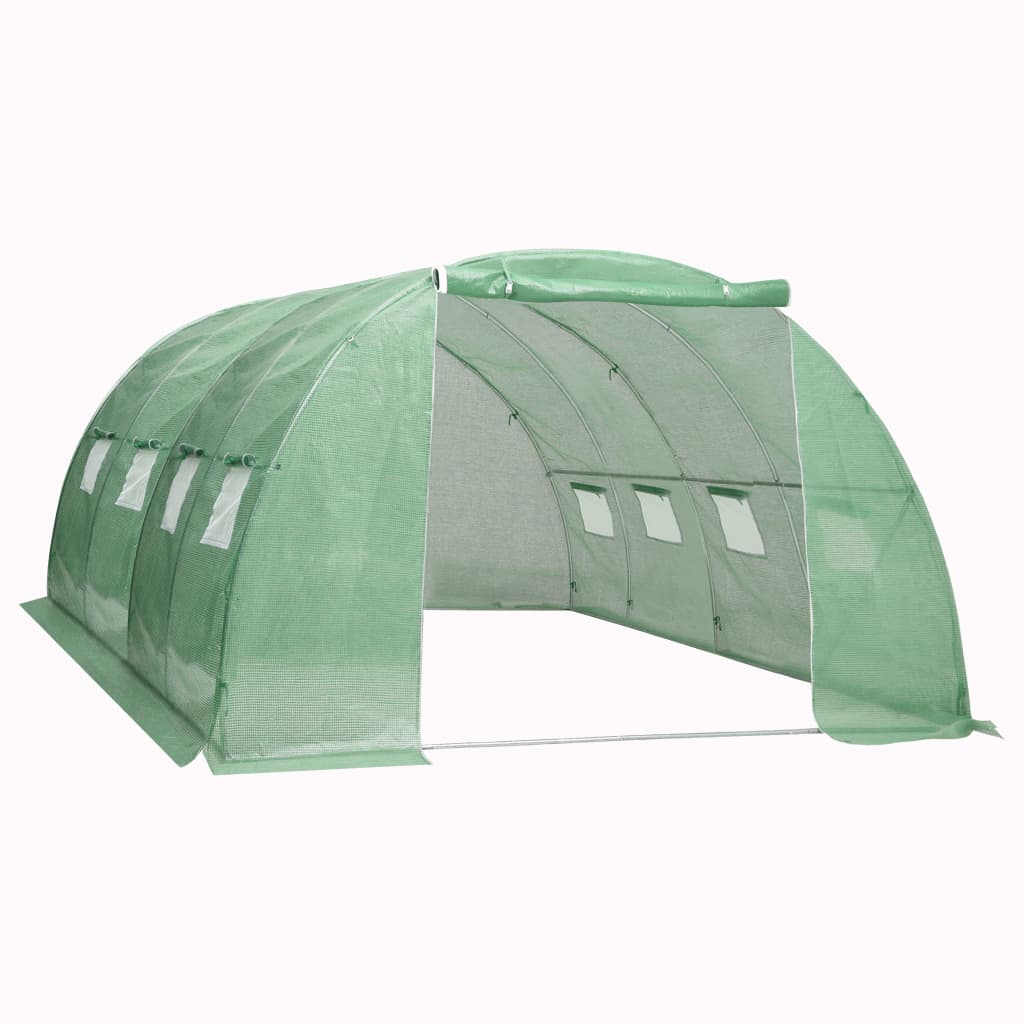 Green PE mesh greenhouse measuring 13.1x13.1x6.6 feet with arched frame and windows.