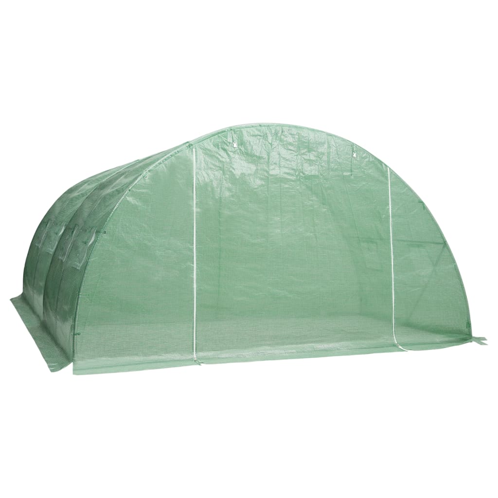 Green PE mesh greenhouse measuring 13.1x13.1x6.6 feet with arched frame.